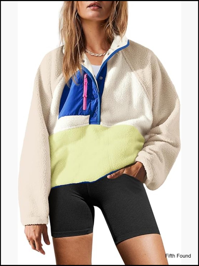Fuzzy Fleece Pullover Sherpa Sweatshirt Button Down Long Sleeve With Pockets